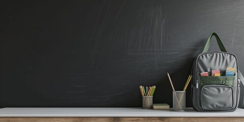 A grey backpack sits on a desk with a black chalkboard behind it. The backpack is filled with school supplies, including a pencil case, a book, and a few other items