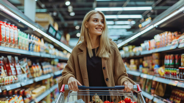 happy woman shopping in the supermarket pushing a supermarket cart