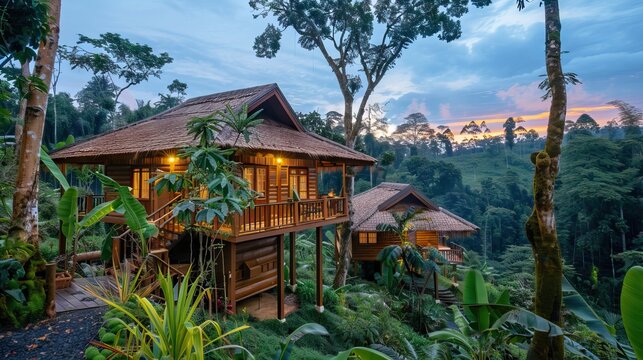 A lush green landscape with a cottage nestled in nature. AI generated illustration