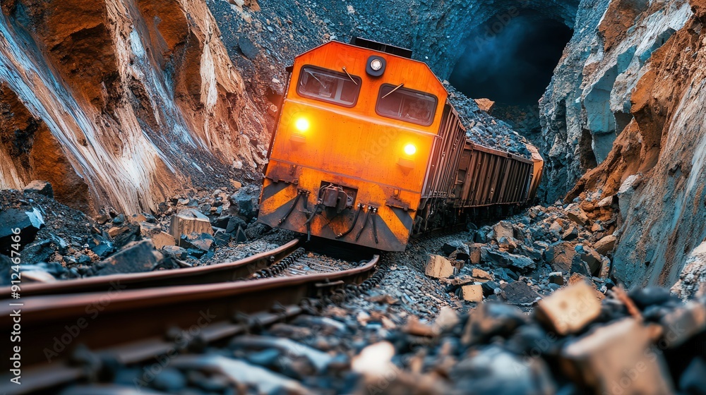 Poster a train is going down a track through a tunnel. the tunnel is filled with rocks and debris