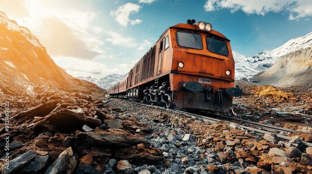Poster a train is going down a track through a tunnel. the tunnel is filled with rocks and debris