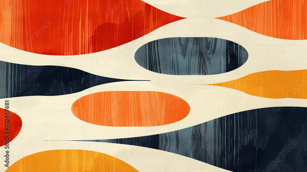Poster a retro wallpaper design featuring a pattern of overlapping ovals and teardrop shapes in a mix of wa