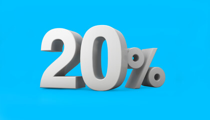 3D rendering, Close up of 3D 20 percent icon and symbol, business strategy sign idea design concept, isolated blue color background.
