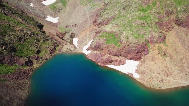 Drone View of Pico de Comapedrosa in Andorra with Lake: Aerial Panorama of the Pyrenees