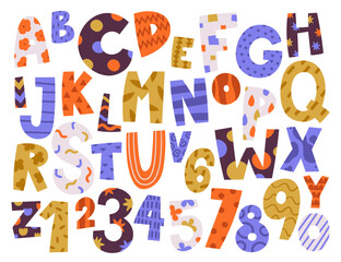 Fototapeta premium Hand drawn childish capital letters of English alphabet and numbers vector illustration set