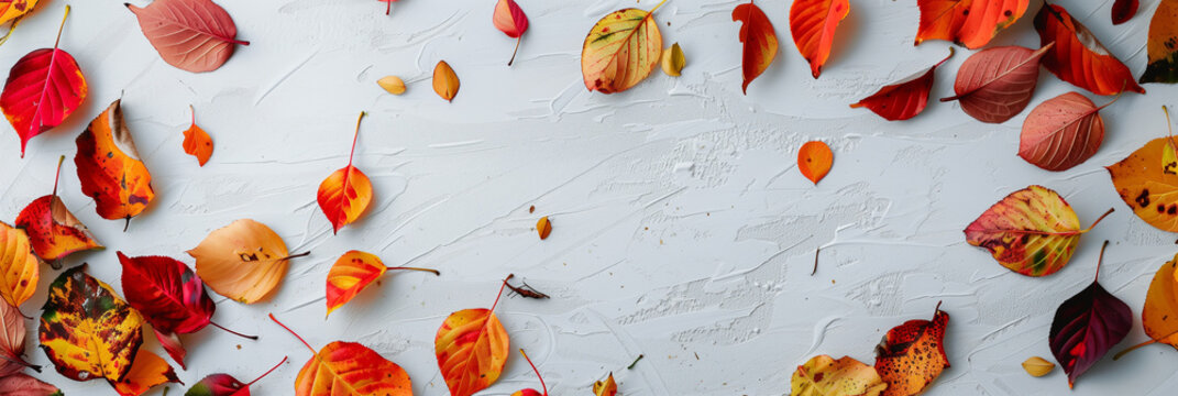 Autumn Leaves in Various Colors on a White Surface, copy space