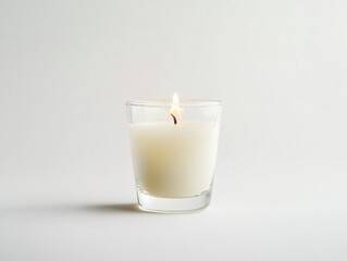 A white candle in a glass holder on a white background