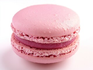 A single pink macaron on a white background
