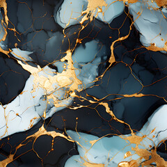 A sophisticated abstract pattern mimicking the fluid movements of marble with a color palette of dark navy blue and gold. The gold accents create a luxurious and elegant feel to the design, scrapbook
