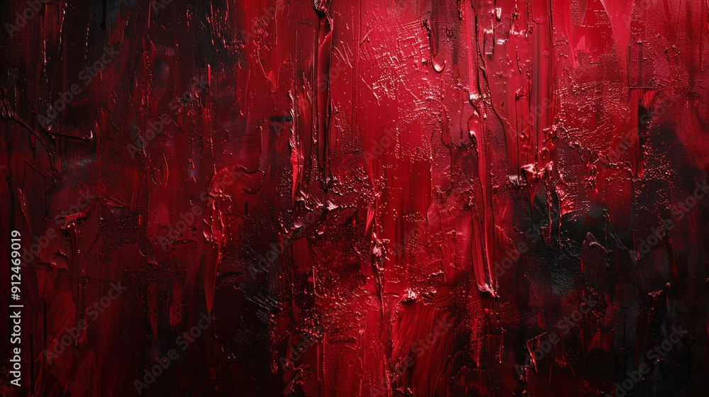 Poster a textured abstract painting with thick, rough brushstrokes in deep reds and blacks, creating a sens