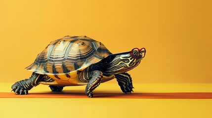 A turtle slowly crossing a finish line wearing a sleek pair of glasses