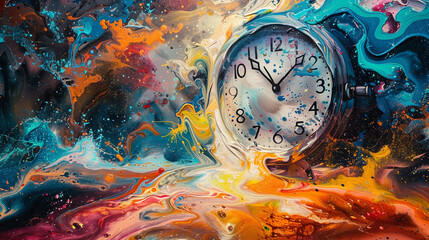 A surreal spray painting of a clock face melting into a pool of vibrant colors, with time slipping away in abstract, fluid shapes.