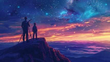 Fototapeta premium A father and son on a mountaintop, gazing at the stars through a telescope under a starry night. Perfect for family, outdoor adventure, and stargazing visuals
