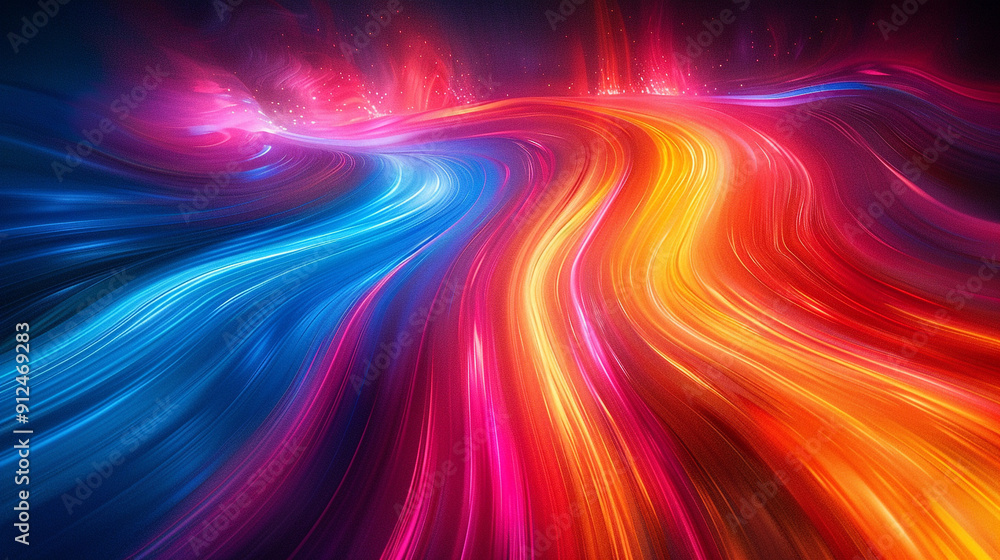 Poster a vibrant abstract design of swirling, multi-colored streaks of light, creating a dynamic, energetic