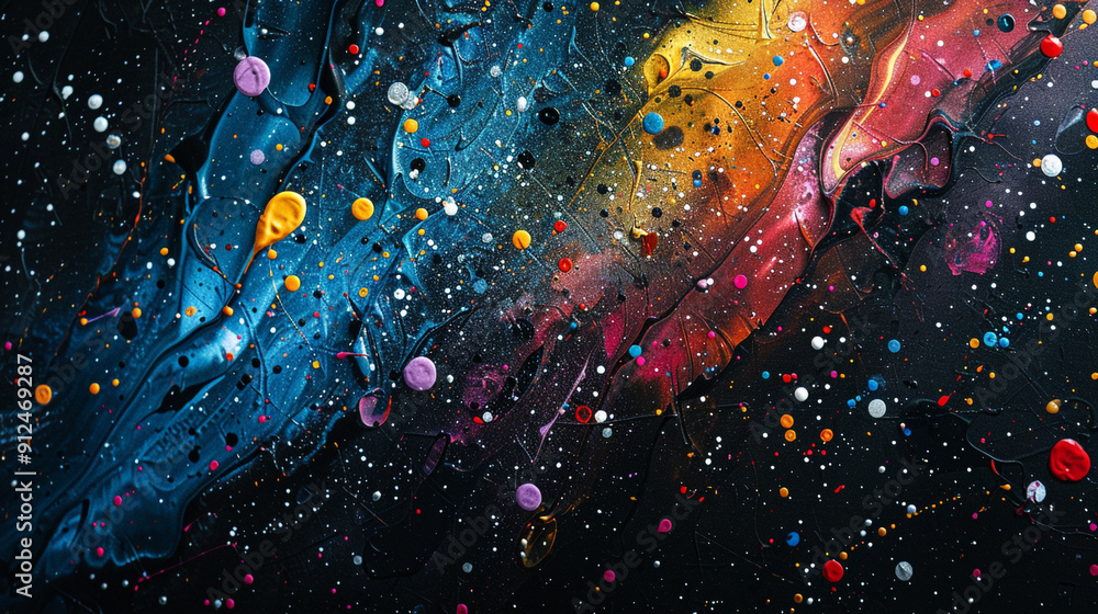 Poster a vibrant abstract design of scattered, multicolored paint splatters on a black canvas, with each co