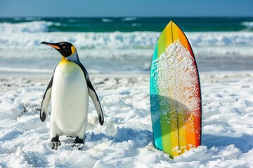 A penguin standing on a snowy beach with a colorful surfboard highlighting a winter vacation deal