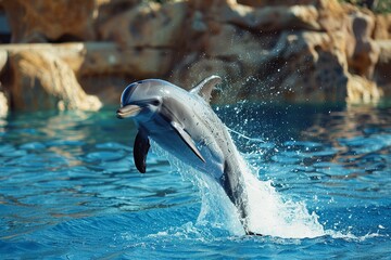 A playful dolphin leaping out of the water a joyful expression on its face