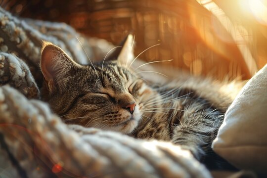 A contented cat curled up in a sunbeam copy space for promoting pet wellness or cozy home products. (Comfort