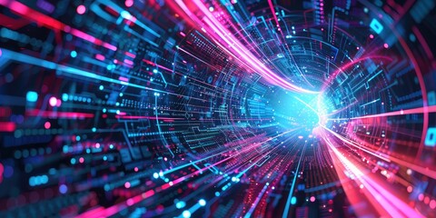 Naklejka premium Neon lights in a digital tunnel.