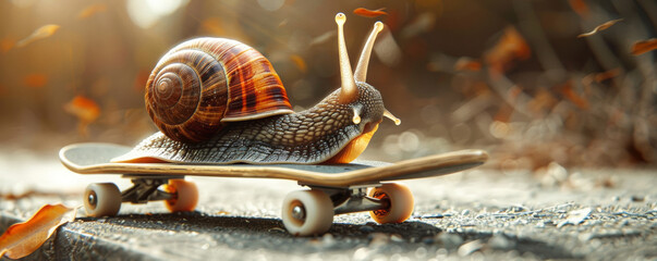 A snail skateboarding illustrates the idea of solving slow processes through creative acceleration. Ideal for innovation, problem-solving, and business concepts