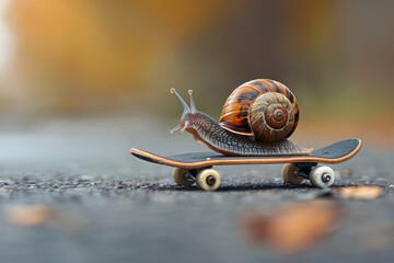 Snail on a skateboard, representing out-of-the-box solutions to slow processes and acceleration of tasks. Ideal for business, innovation, and creative problem-solving imagery