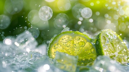 Lime wedges nestled in ice cubes, emphasizing a cold and refreshing feel. Ideal for drink advertisements and summer content
