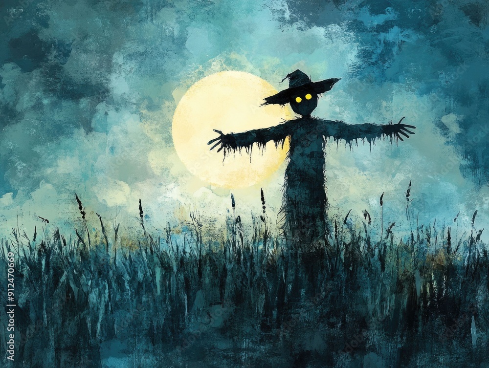 Poster spooky scarecrow standing tall in a moonlit cornfield with shadowy ominous figures lurking in the ba