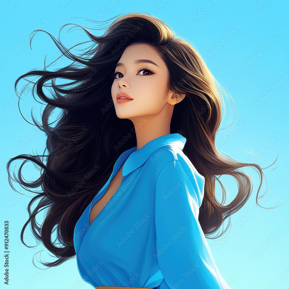 Poster embrace the grace of asian beauty in a serene portrait with a calm blue backdrop and relaxed pose.