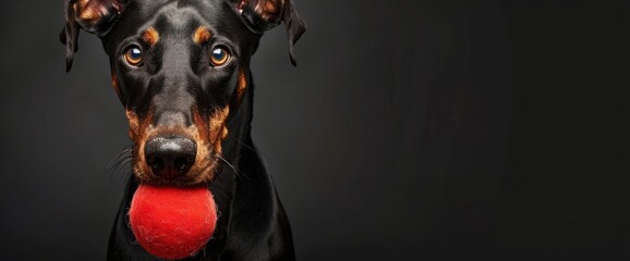 Obraz premium Portrait of a Doberman dog with a toy in its mouth, shot on an isolated black background. Studio shot, close-up.