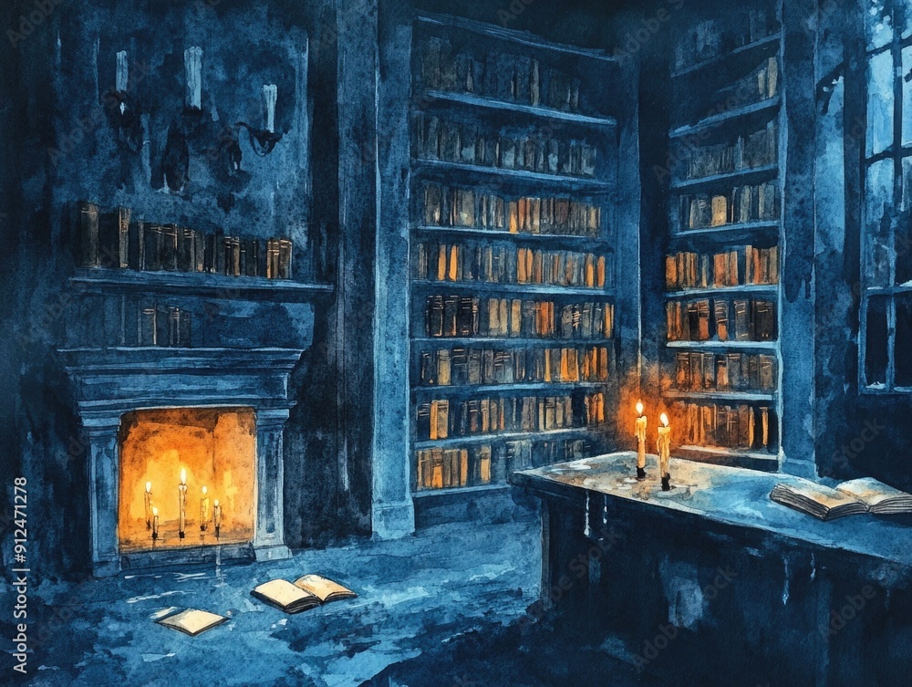 Poster haunted mystical library sanctuary filled with floating books and flickering candlelight rendered in