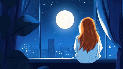 A girl gazes at the city lights from her window, a touch of sadness in her eyes, captured in modern cartoon art.