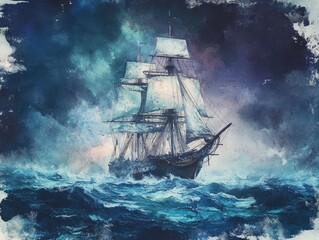 Fototapeta premium Haunting Depiction of a Ghostly Sailing Ship Battling Turbulent Stormy Seas in a Dramatic Moody Watercolor Seascape Style