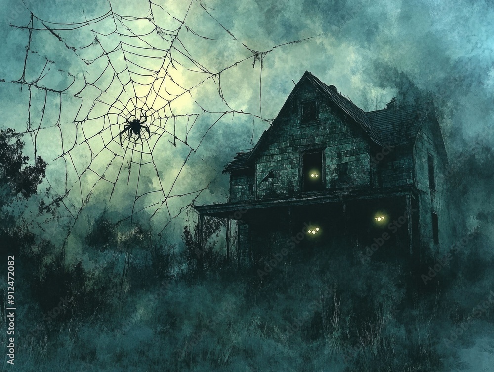Poster eerie abandoned house with a glowing pair of eyes peering out from a tangled spiderweb in a moody mo