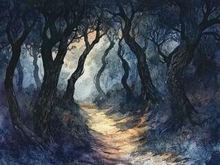 Mysterious and twisted haunted woods with dark shadows and misted foliage rendered in a moody atmospheric watercolor style  This fantasy landscape evokes a sense of the supernatural and the unknown