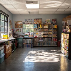 Fototapeta premium Bright and Organized Classroom with Bookshelves, Educational Materials, and Sunlight Streaming Through Windows
