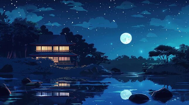 House by a lake under a full moon on a fantasy night, creating a mystical and serene landscape with glowing reflections
  Seamless looping 4k time-lapse virtual video animation Generated AI