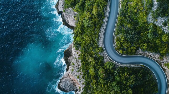 Generative AI, Aerial view of curved asphalt road near the ocean or sea, coastline