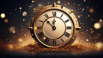 Large clock striking midnight with confetti falling all around, ready to toast to the new year