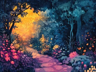 Fototapeta premium Step into an enchanted watercolor garden where glowing mystical plants cast an ethereal aura over the lush overgrown landscape Discover a serene fairytale like pathway winding through the vibrant