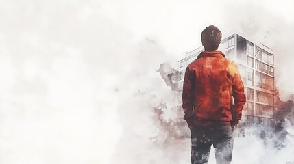 Fototapeta premium A Man in a Red Jacket Stands Before a Building in Watercolor Style