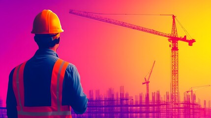 Ensuring Construction Site Safety: Contractor Adhering to Compliance Guidelines - Flat Design Illustration with Copy Space