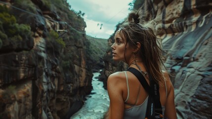 Obraz premium Adventurous woman at bungy cafe, action camera in hand, ready for canyon jump with river below
