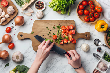 Point-of-view of a person chopping vegetables on a cutting board, with various fresh ingredients and cooking utensils on a kitchen countertop.