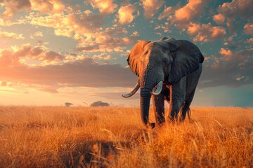 Fototapeta premium Elephant walks through tall grassland beneath a colorful sunset sky