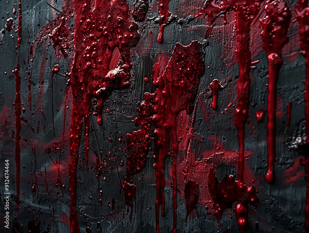 Poster dripping red paint cascading down a dark surface during an artistic expression