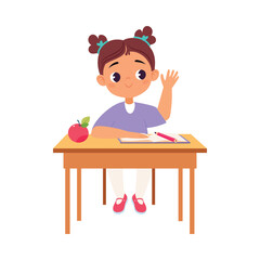 Girl Character at School at Desk Have Lesson Vector Illustration