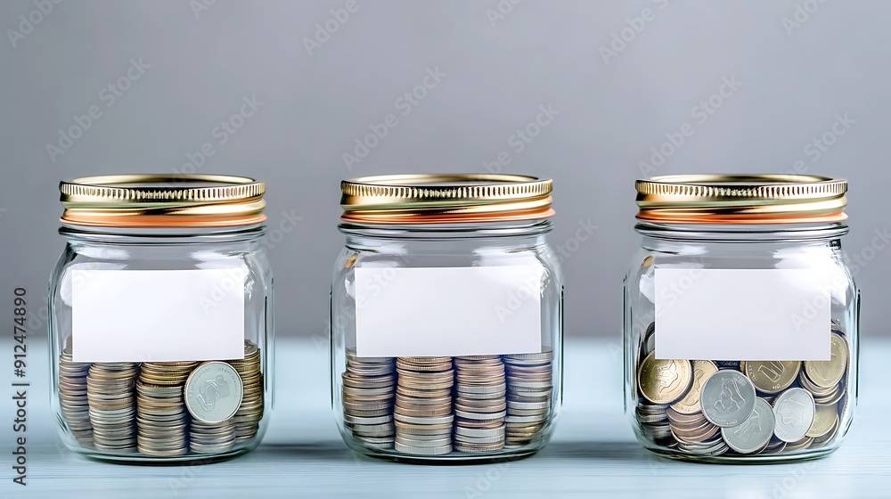 Poster semi close-up of money-saving jars with coins and empty space for text, representing passive income 