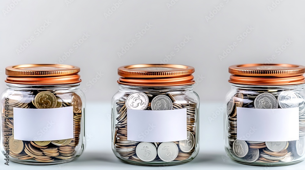 Poster semi close-up of money-saving jars with coins and empty space for text, representing passive income 