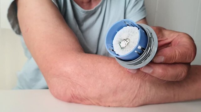 Non-contact glucometer on the arm for quickly measuring blood glucose levels. Non-contact shoulder glucometer for diabetics. Device for diabetics. Increase or decrease in blood glucose.