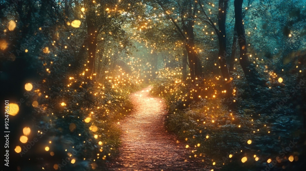 Poster enchanted forest path illuminated by a whimsical display of glowing fairy lights creating a dreamlik